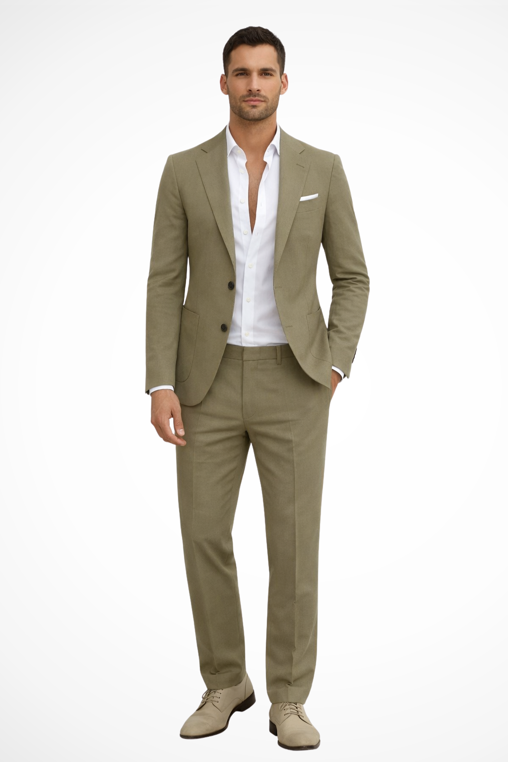 Men's tailored two-piece suit with notched-lapel blazer and matching trousers