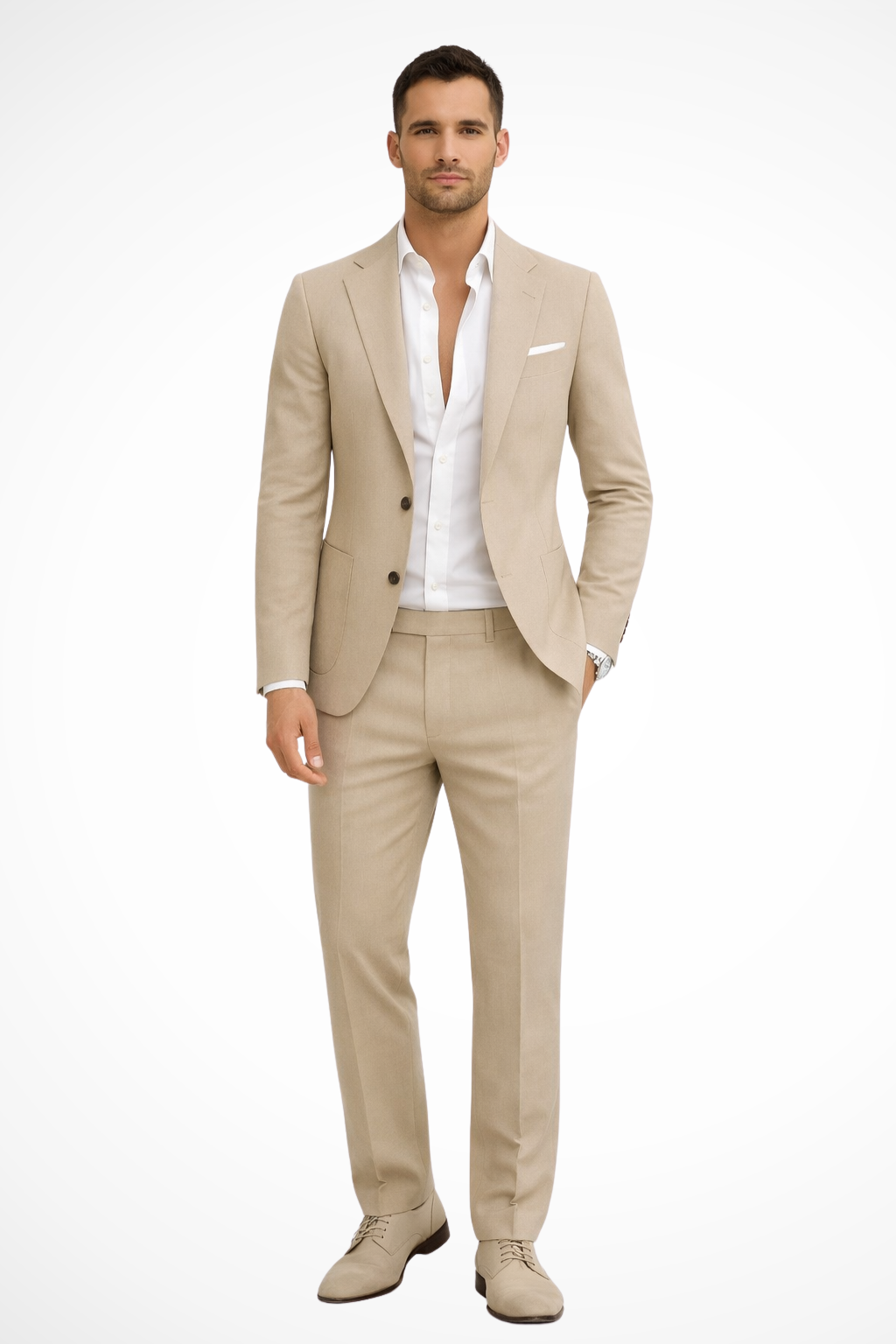 Men's tailored two-piece suit with notched-lapel blazer and matching trousers