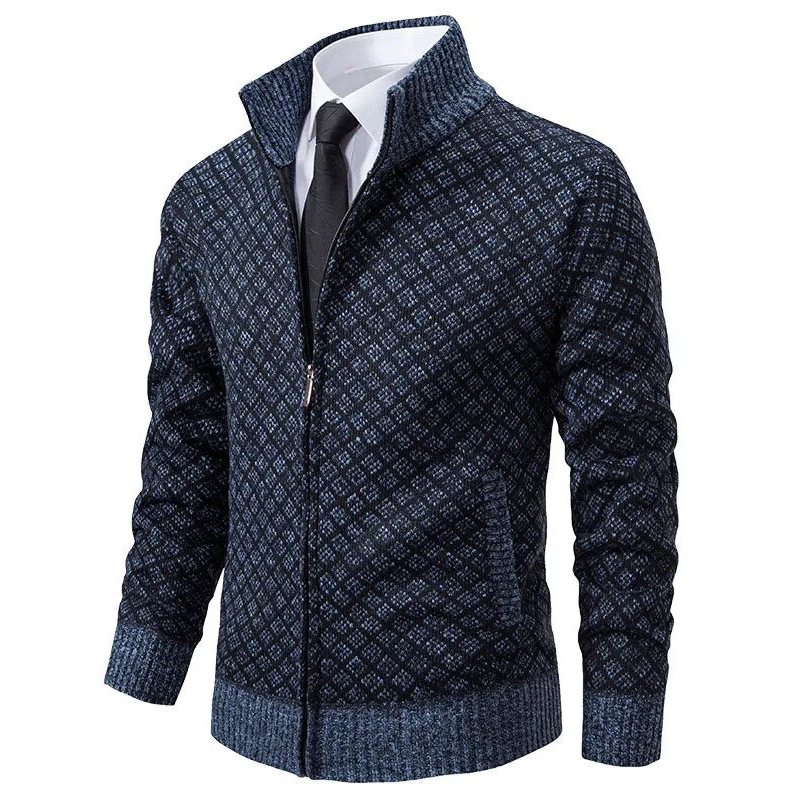 Men's diamond pattern zip-front sweater with stand collar