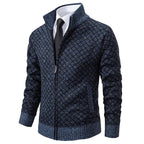 Men's diamond jacquard knit cardigan with stand collar and zip front