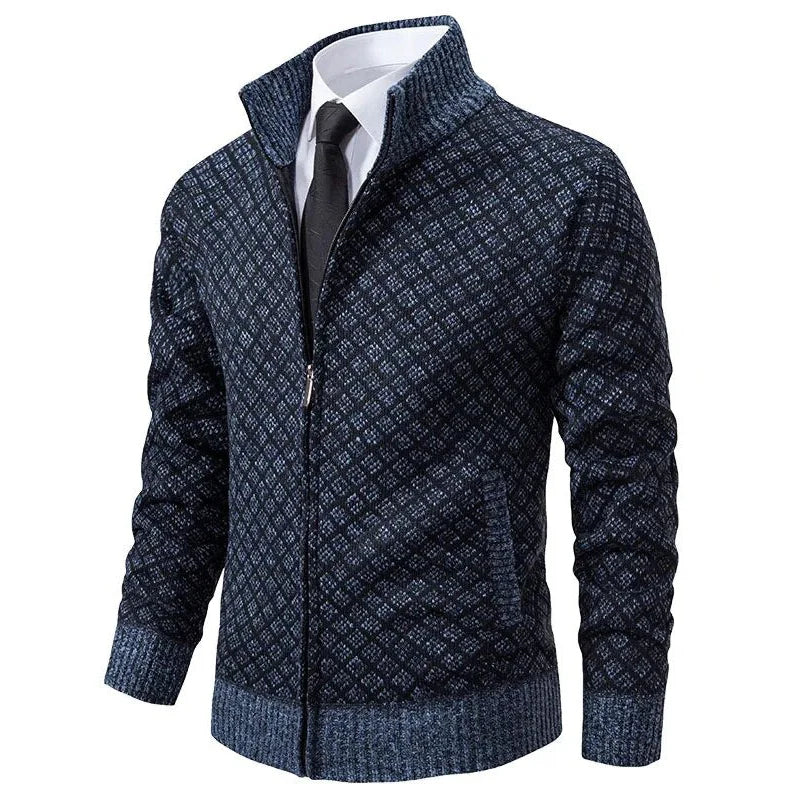 Men's diamond jacquard knit cardigan with stand collar and zip front