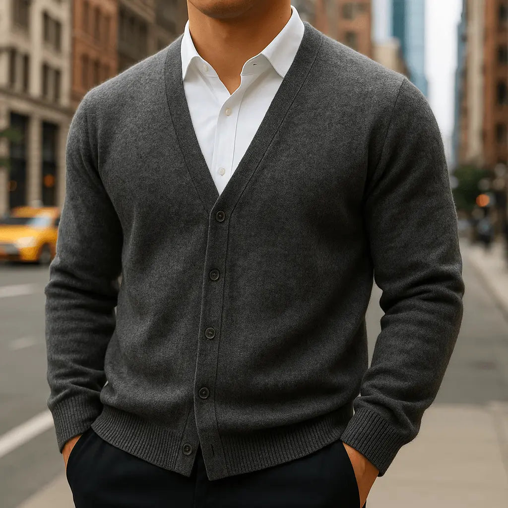 Men's V-neck button cardigan with long sleeves and ribbed trims