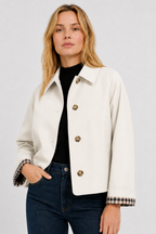 Women's lightweight collared jacket with button front and checked turn-back cuffs