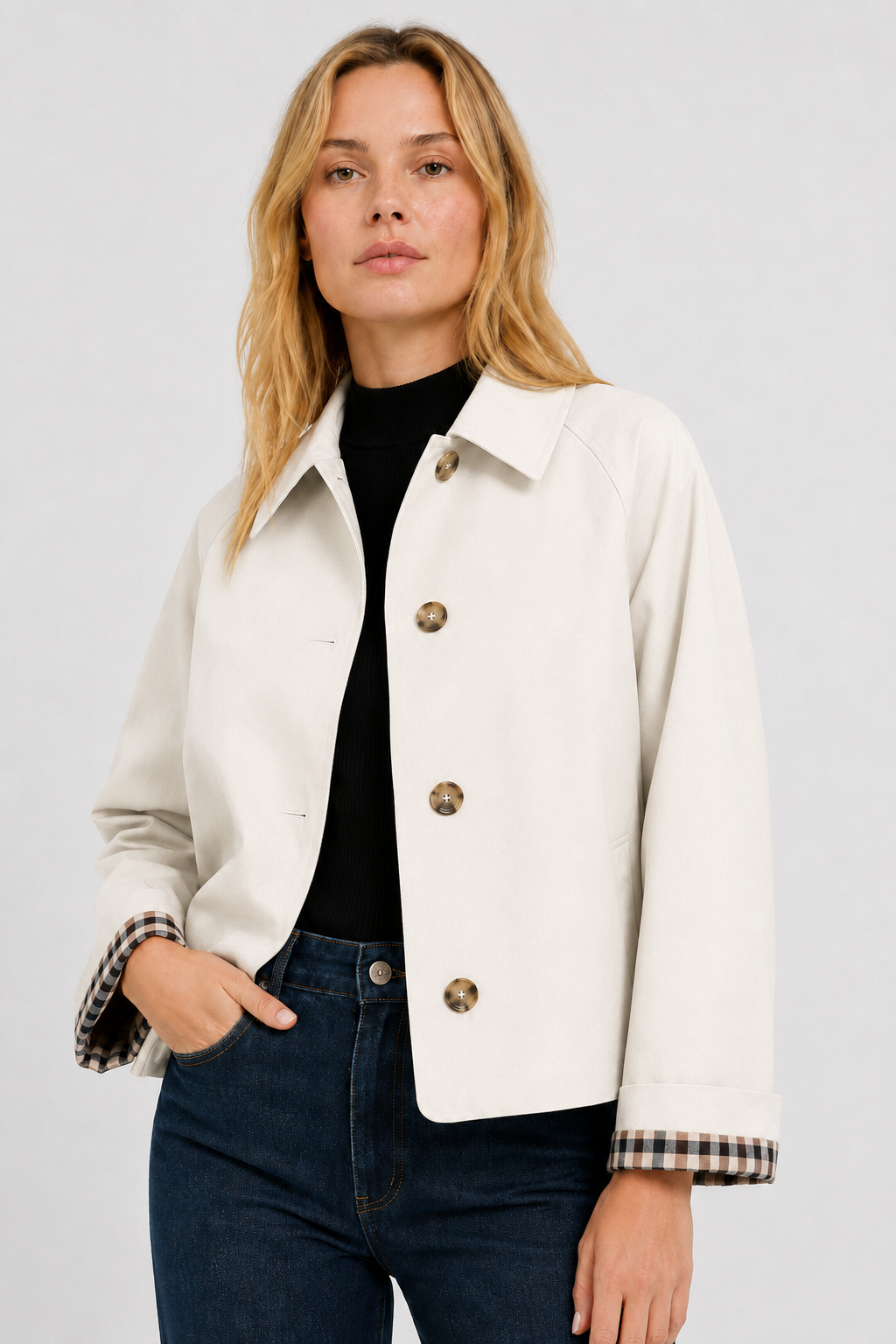 Women's lightweight collared jacket with button front and checked turn-back cuffs