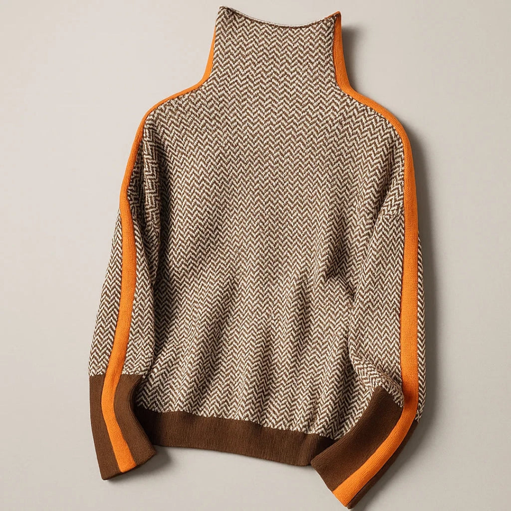 Women's high-neck chevron sweater with contrast sleeve panels
