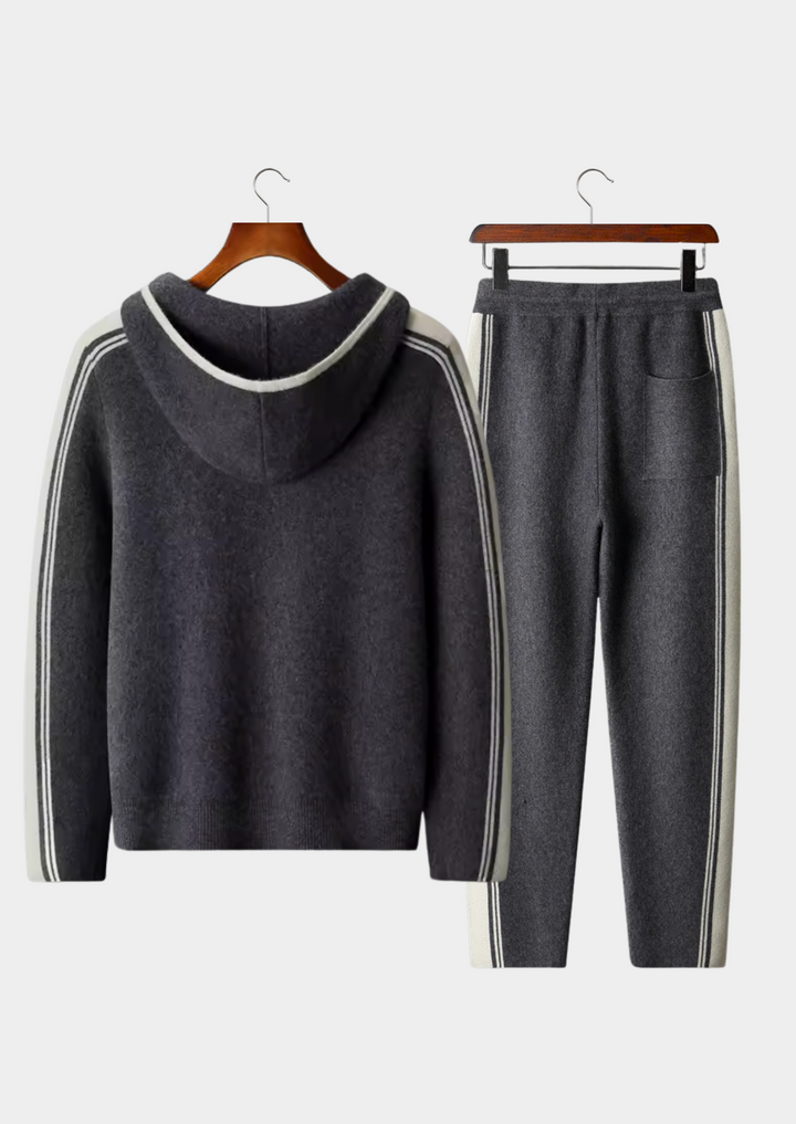 Men's knit hooded tracksuit set with contrast stripes on the sleeves and legs