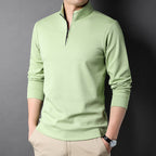 Men's plain long-sleeved quarter-zip sweater with a raised mock neck