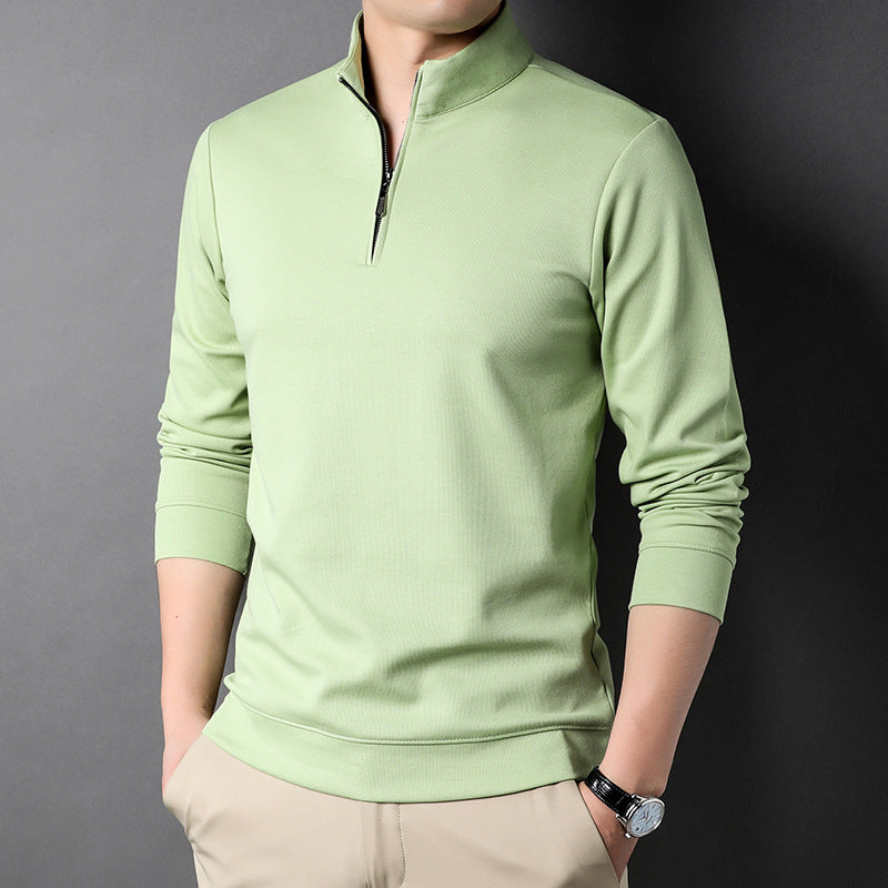 Men's plain long-sleeved quarter-zip sweater with a raised mock neck