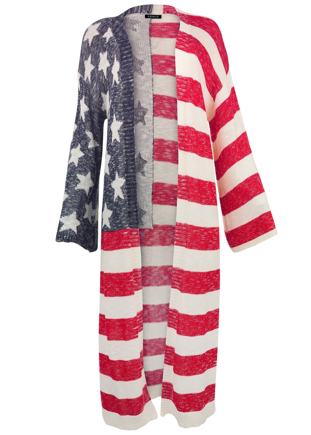 Women's long red and white striped cardigan with star panel