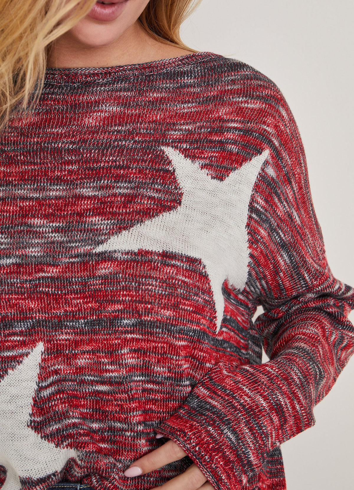 Women's red star pattern crew-neck sweater