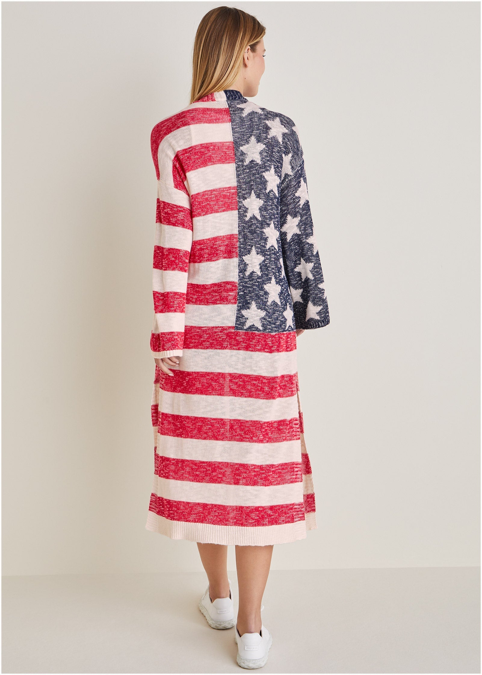 Women's long red and white striped cardigan with star panel