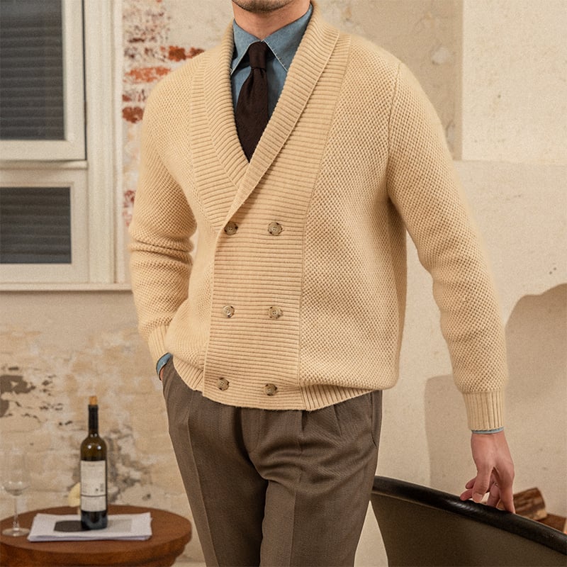 Men's textured knit cardigan with shawl collar and button fastening