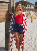 Women's long red and white striped cardigan with star panel
