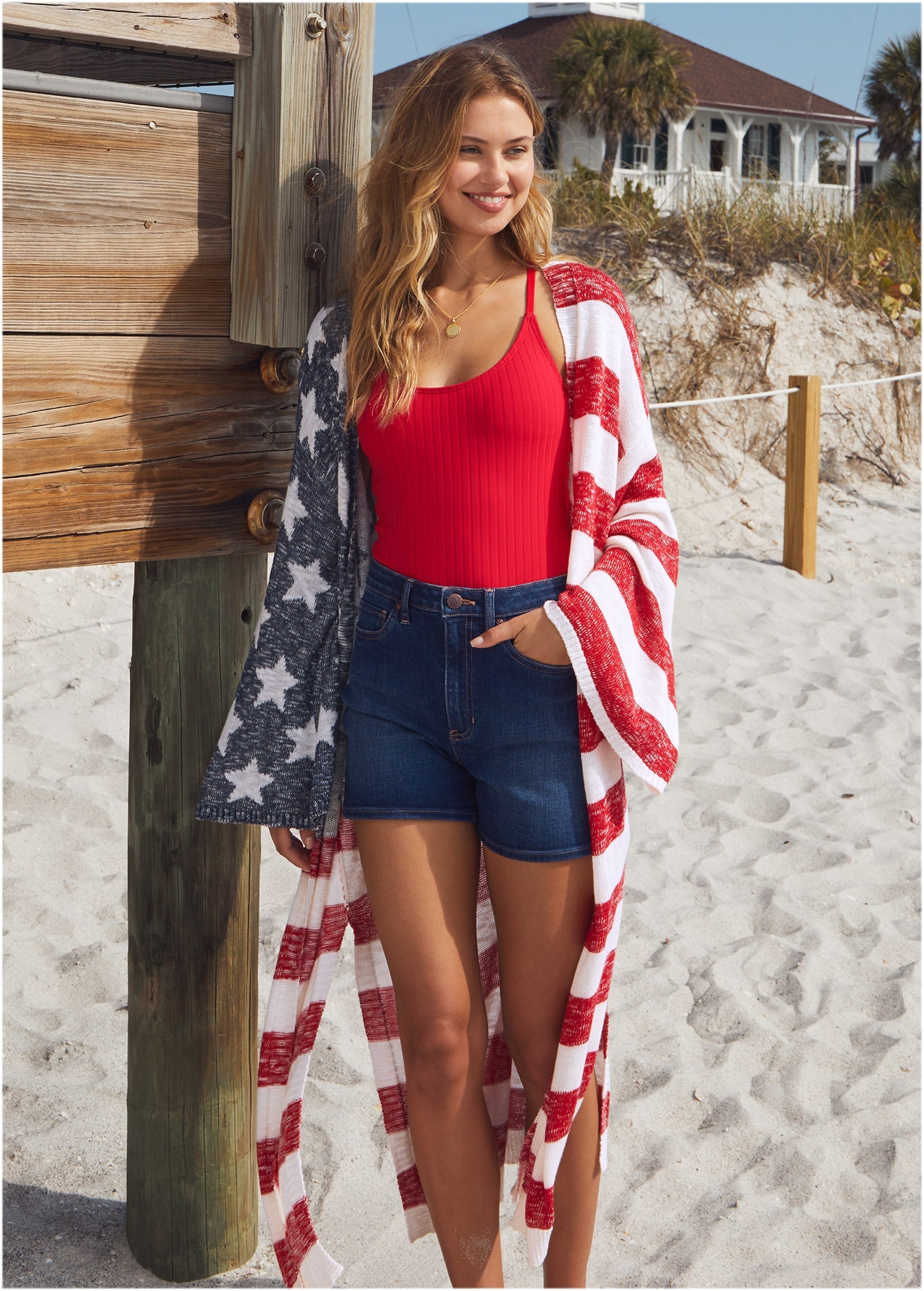 Women's long red and white striped cardigan with star panel