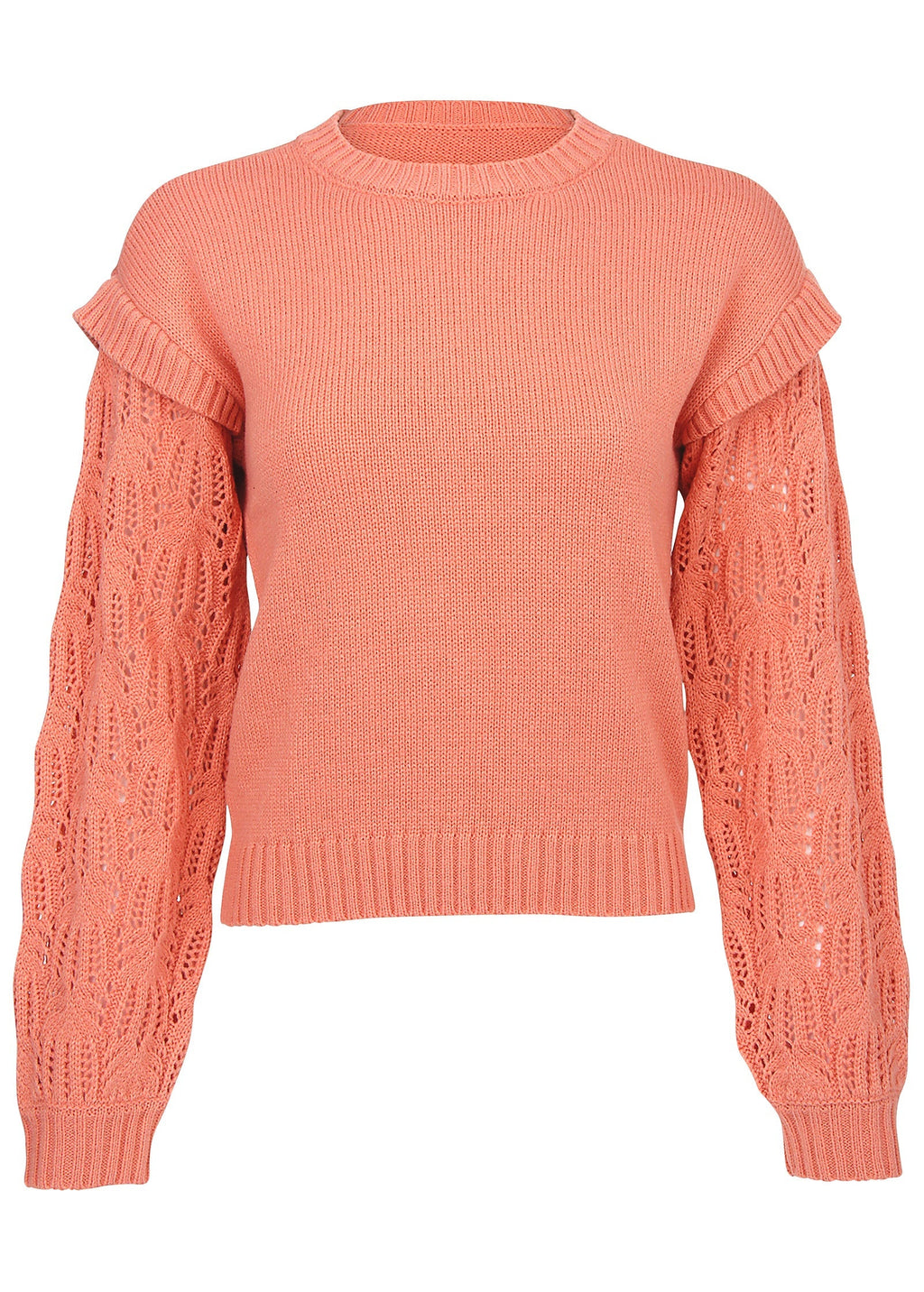 Women's coral crew neck sweater with pointelle sleeves