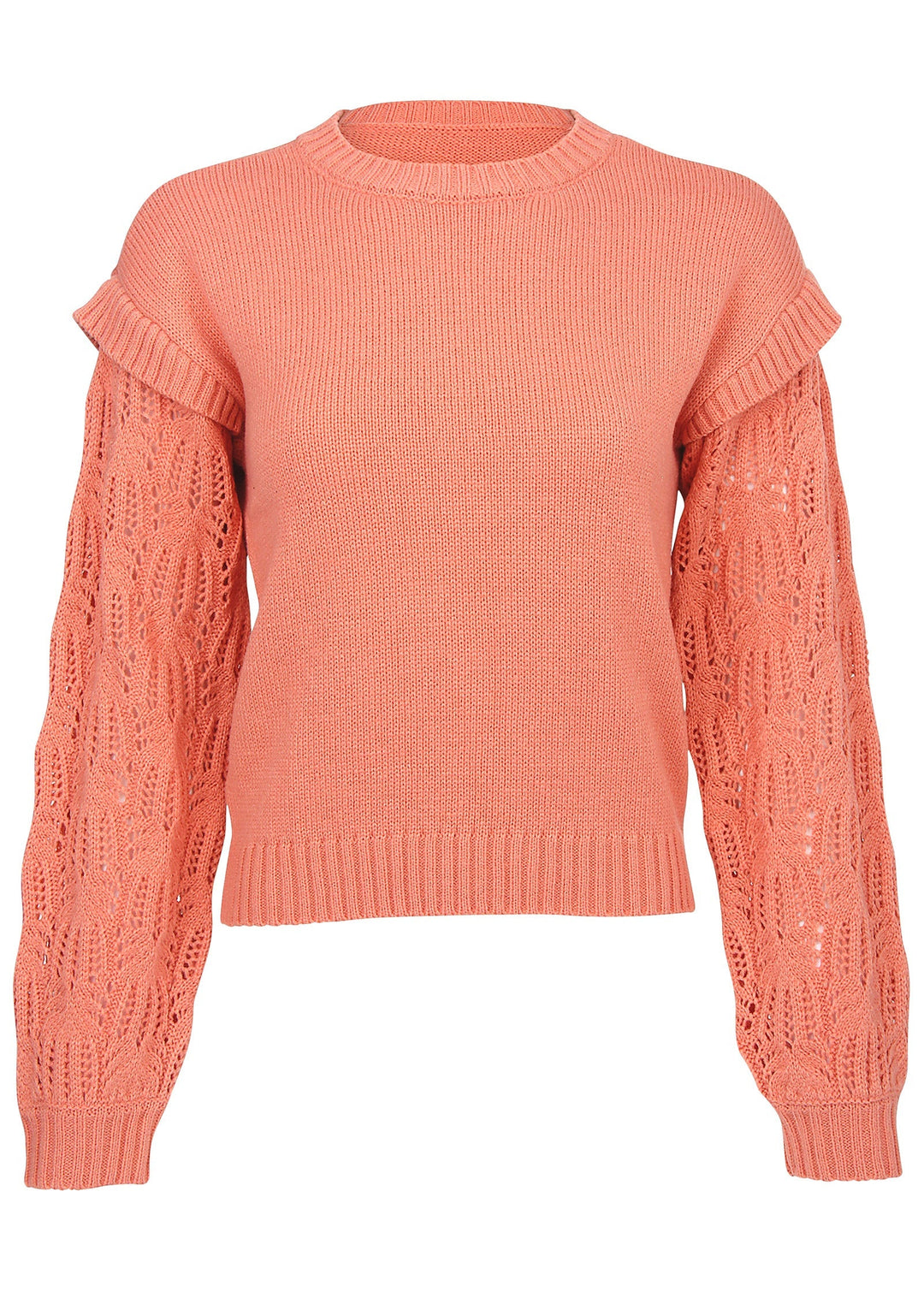 Women's coral crew neck sweater with pointelle sleeves