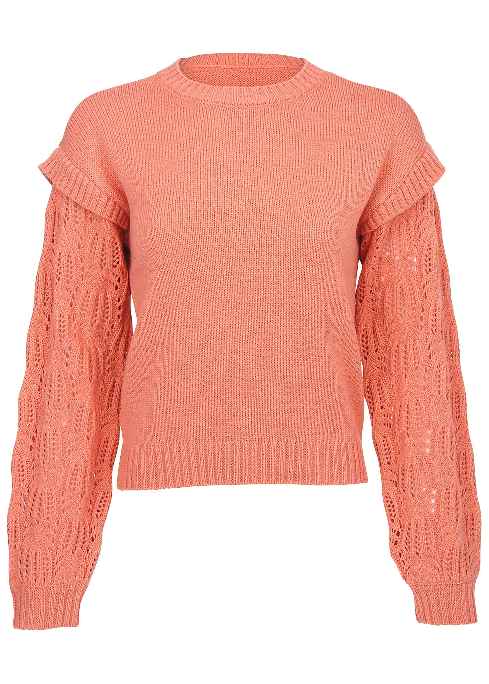 Women's coral crew neck sweater with pointelle sleeves