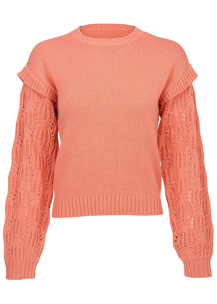 Women's coral crew neck sweater with pointelle sleeves