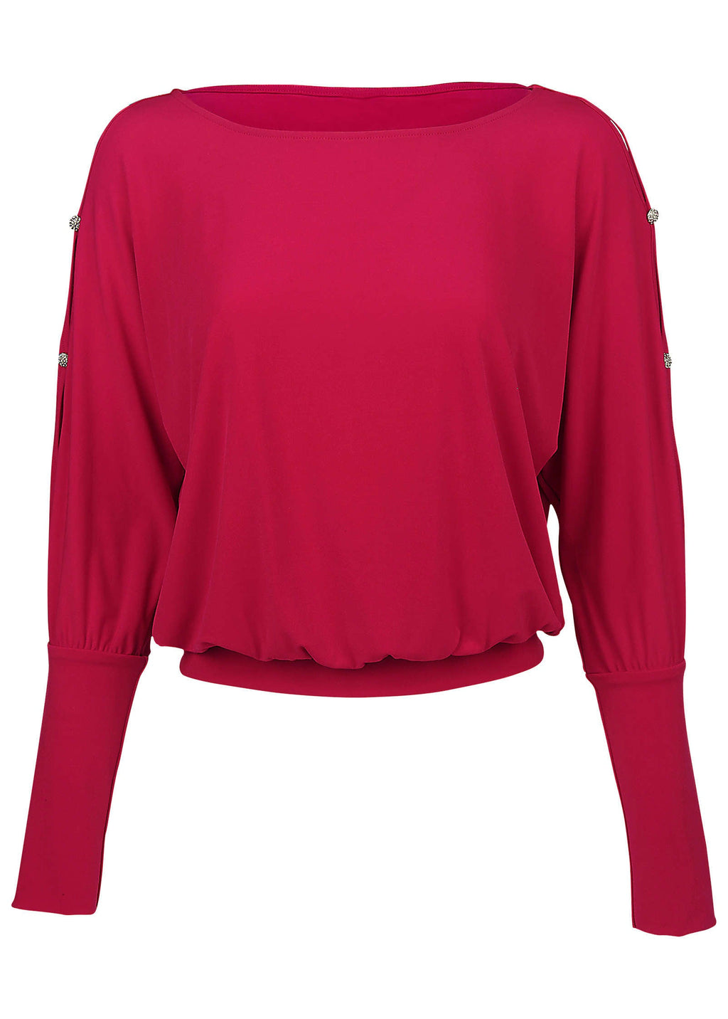 Women's red long sleeve blouse with round neckline and sleeve cutouts
