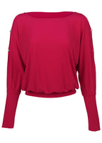 Women's red long sleeve blouse with round neckline and sleeve cutouts