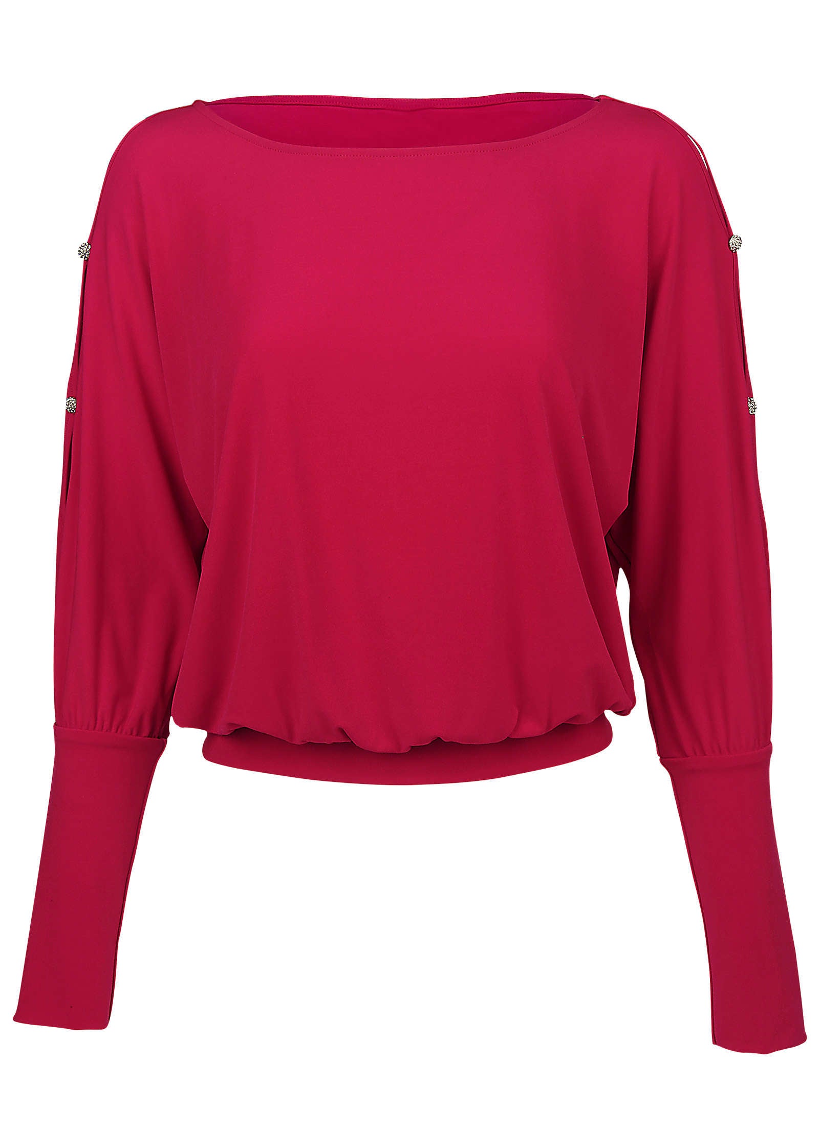 Women's red long sleeve blouse with round neckline and sleeve cutouts