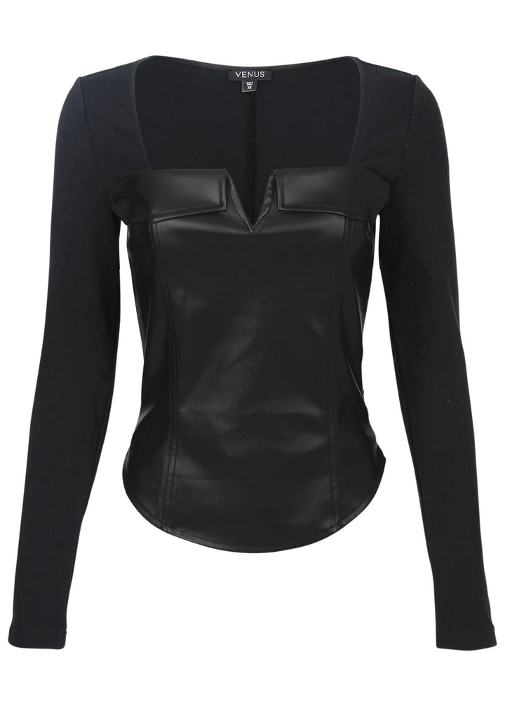 Women's black corset top with square neckline and long sleeves