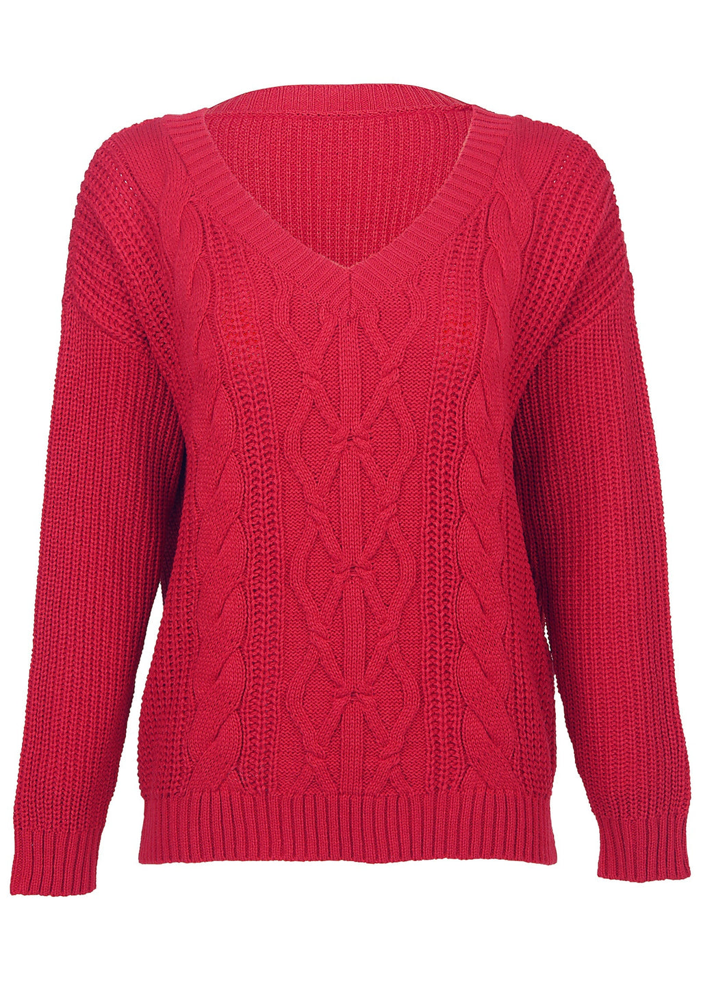 Women's red cable knit V-neck sweater with long sleeves