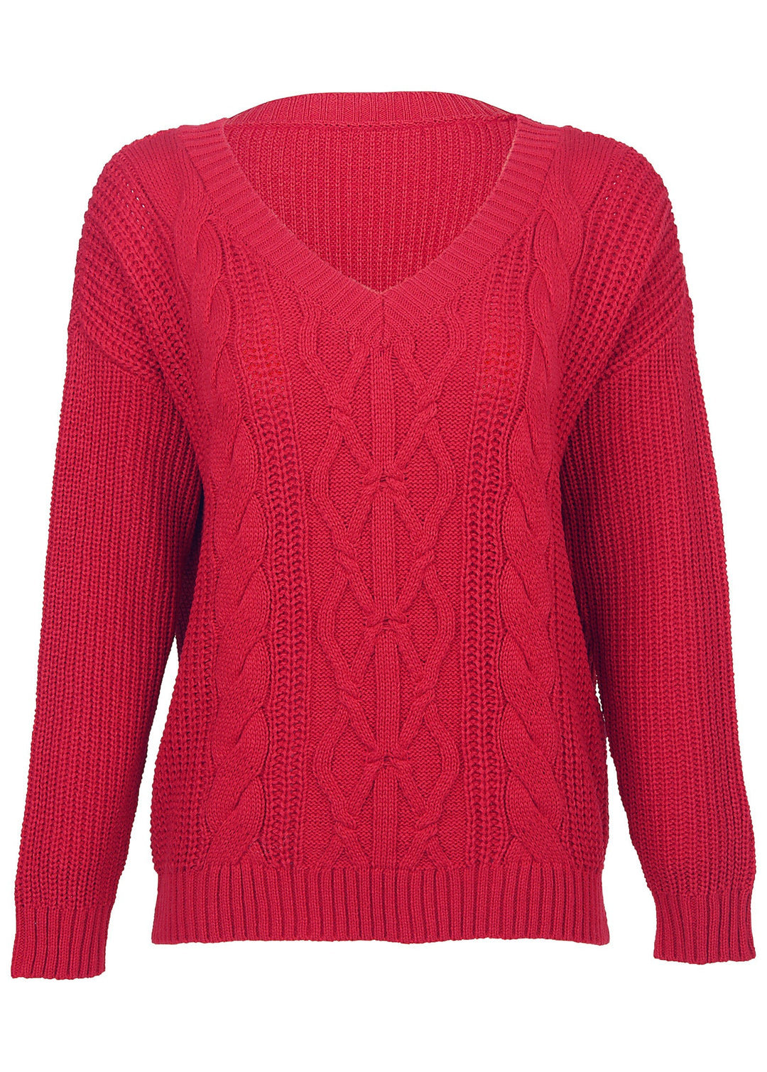 Women's red cable knit V-neck sweater with long sleeves