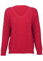 Women's red cable knit V-neck sweater with long sleeves