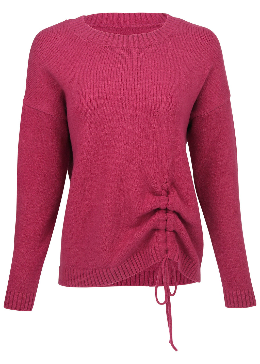 Women's pink knit sweater with crew neck and drawstring hem