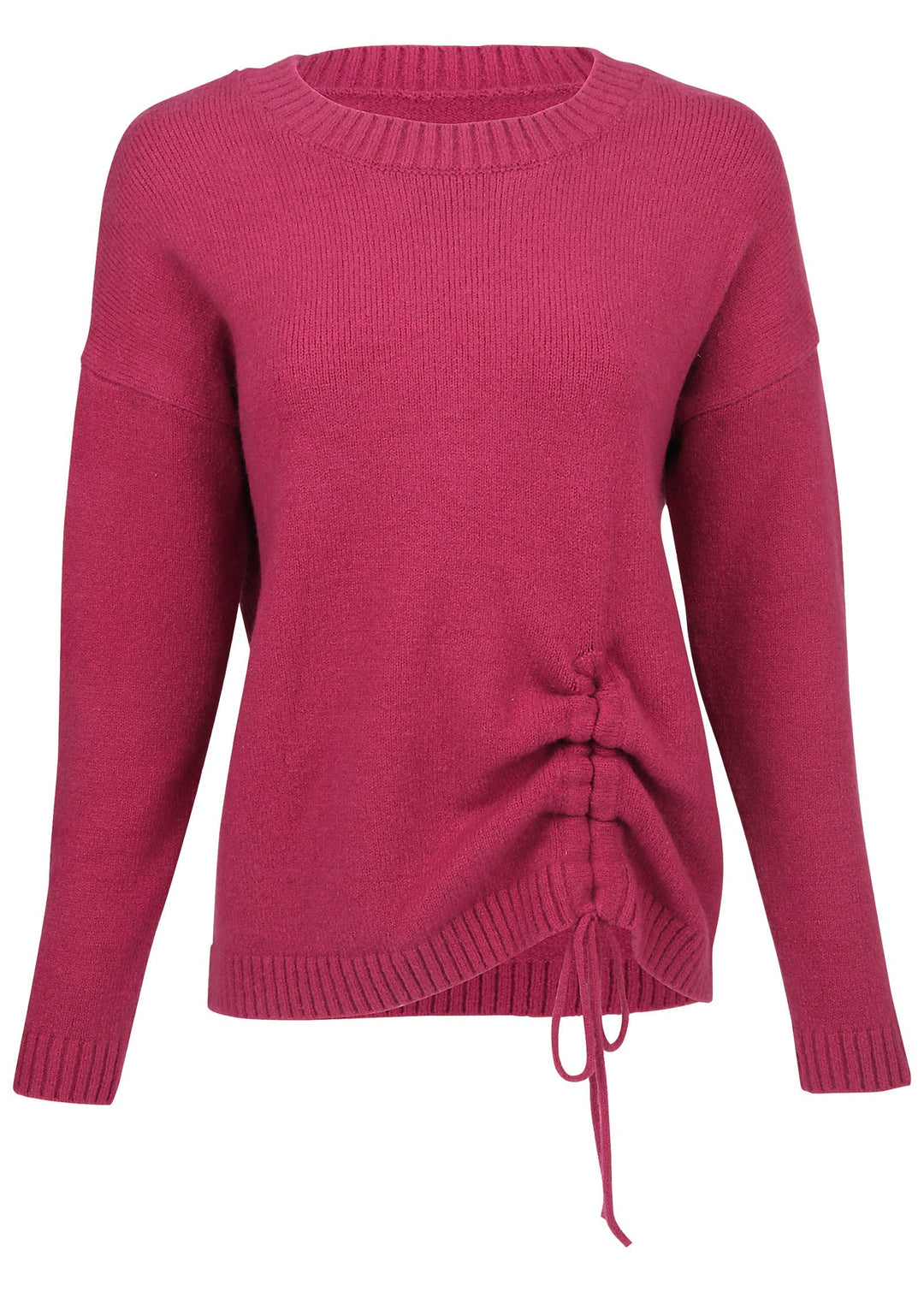 Women's pink knit sweater with crew neck and drawstring hem