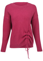 Women's pink knit sweater with crew neck and drawstring hem