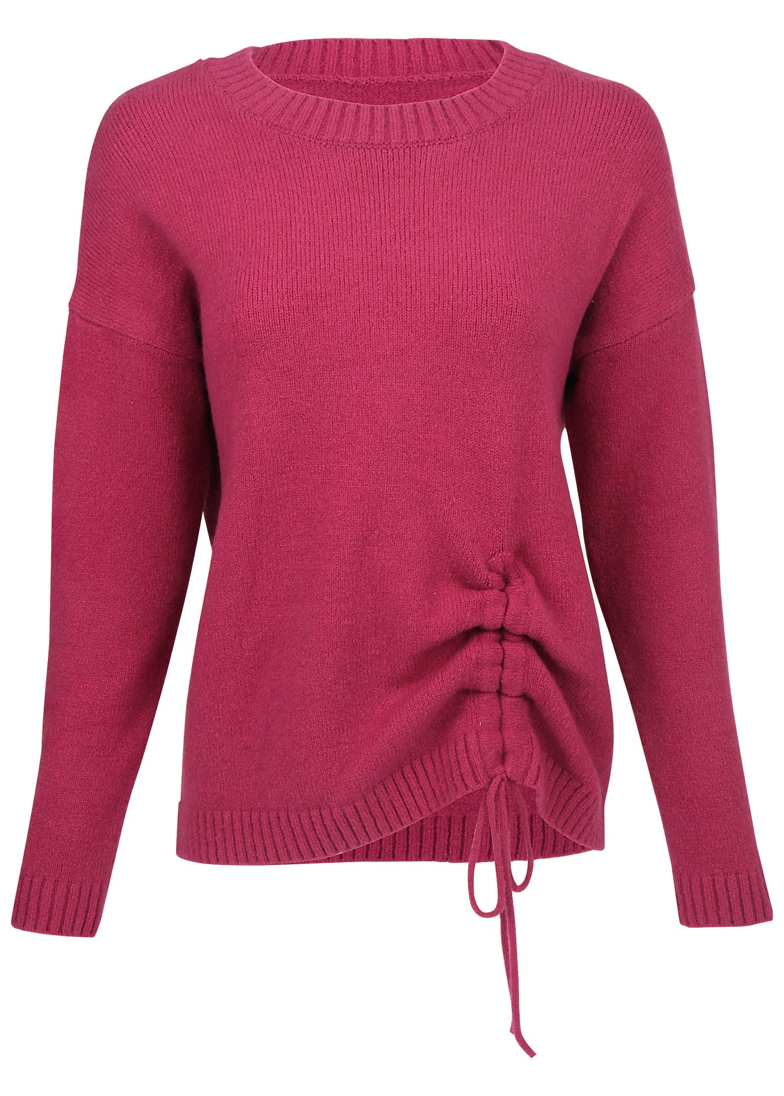 Women's pink knit sweater with crew neck and drawstring hem