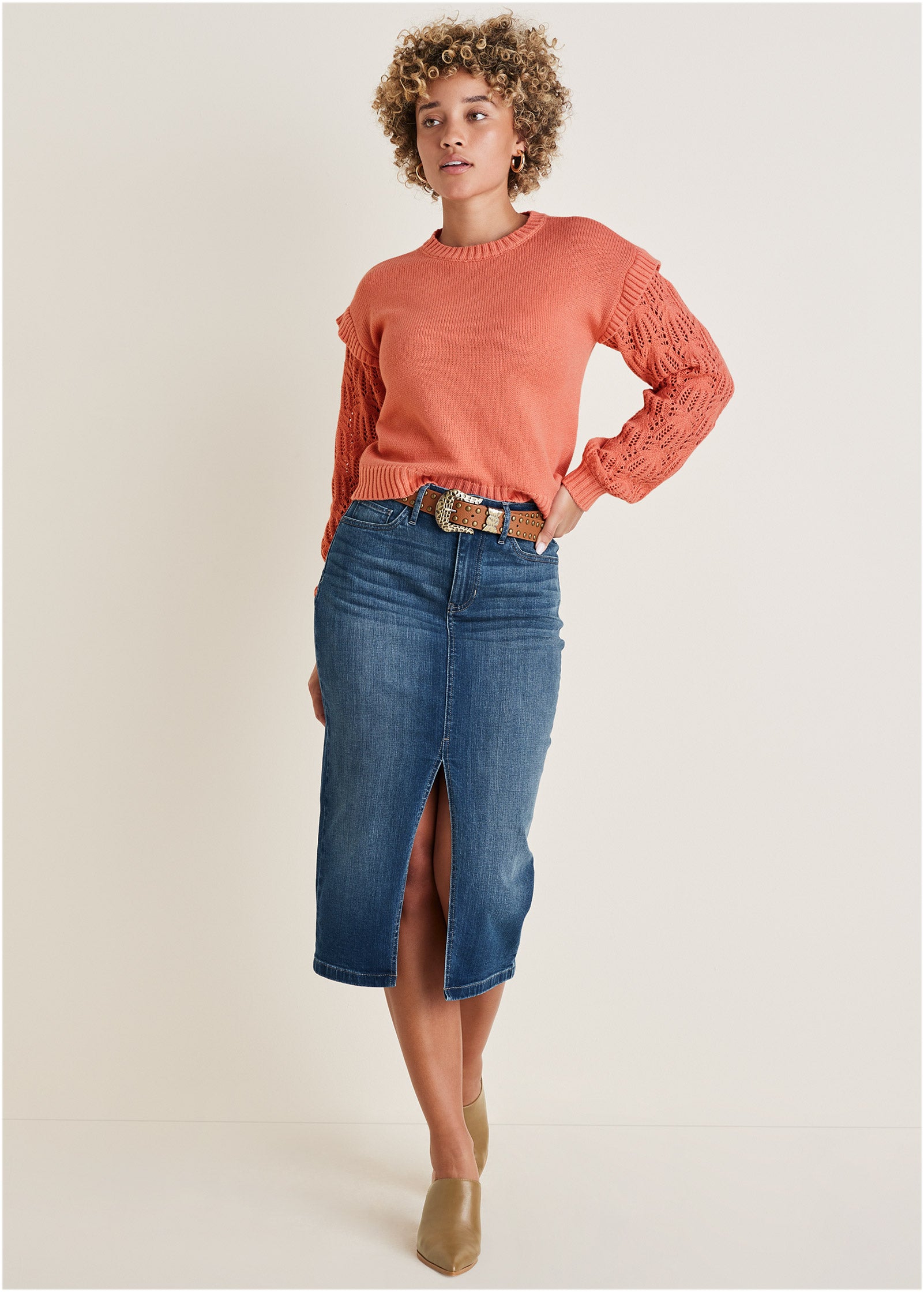 Women's coral crew neck sweater with pointelle sleeves