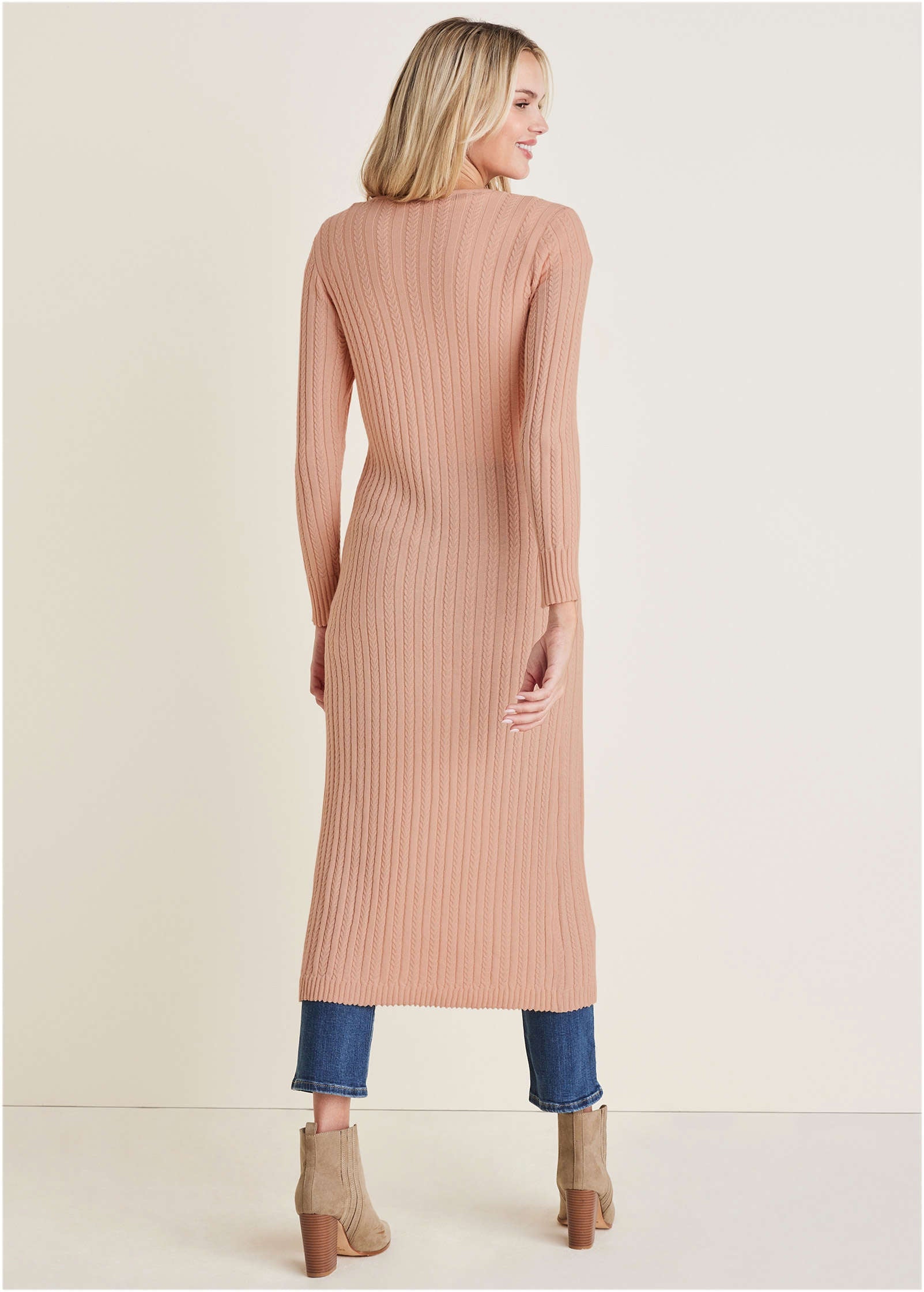 Women's sand long cable knit cardigan with buttons