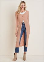 Women's sand long cable knit cardigan with buttons