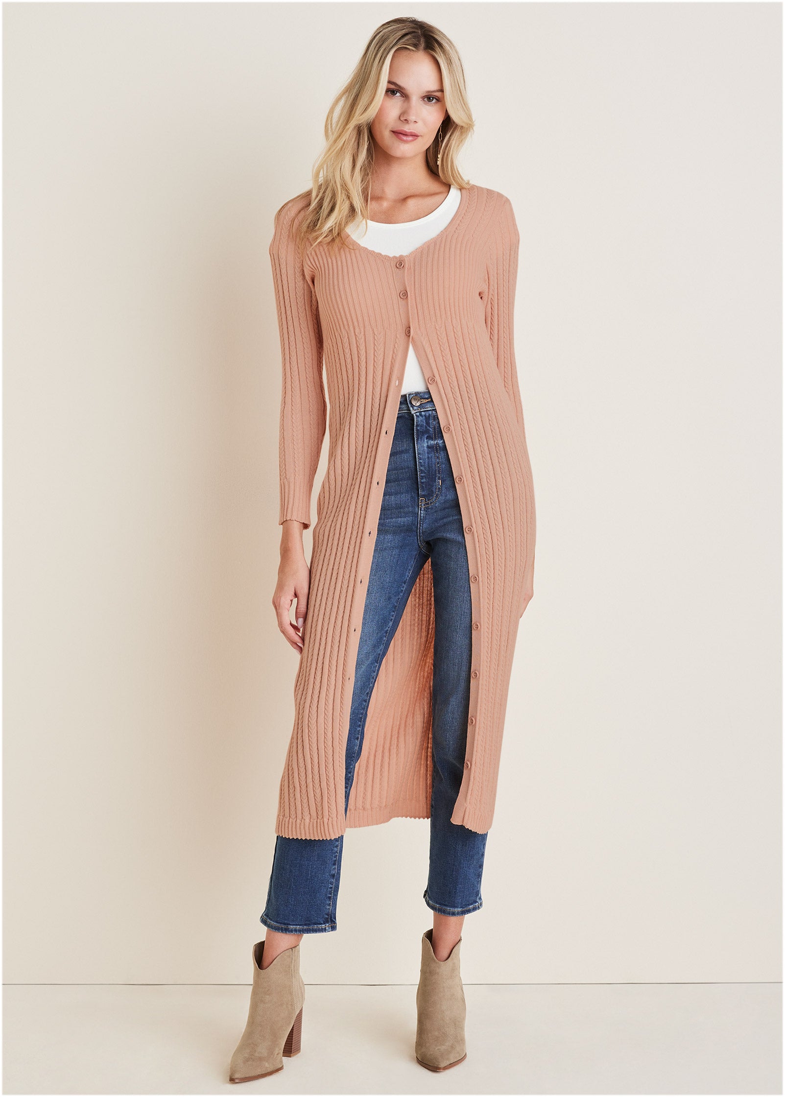 Women's sand long cable knit cardigan with buttons