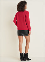 Women's red cable knit V-neck sweater with long sleeves