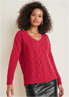 Women's red cable knit V-neck sweater with long sleeves