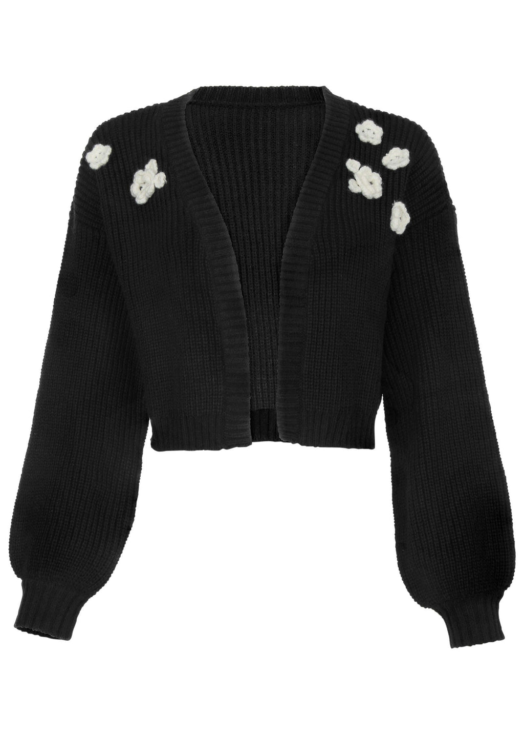 Women's black cropped cardigan with floral appliques and long sleeves