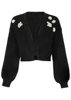 Women's black cropped cardigan with floral appliques and long sleeves