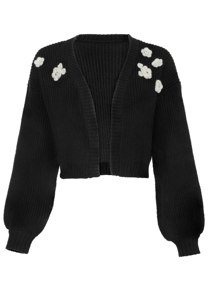 Women's black cropped cardigan with floral appliques and long sleeves