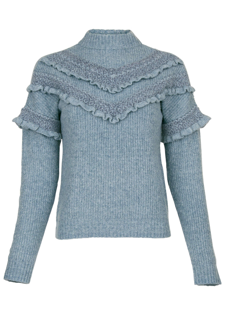 Women's blue ribbed sweater with layered ruffle shoulder detailing