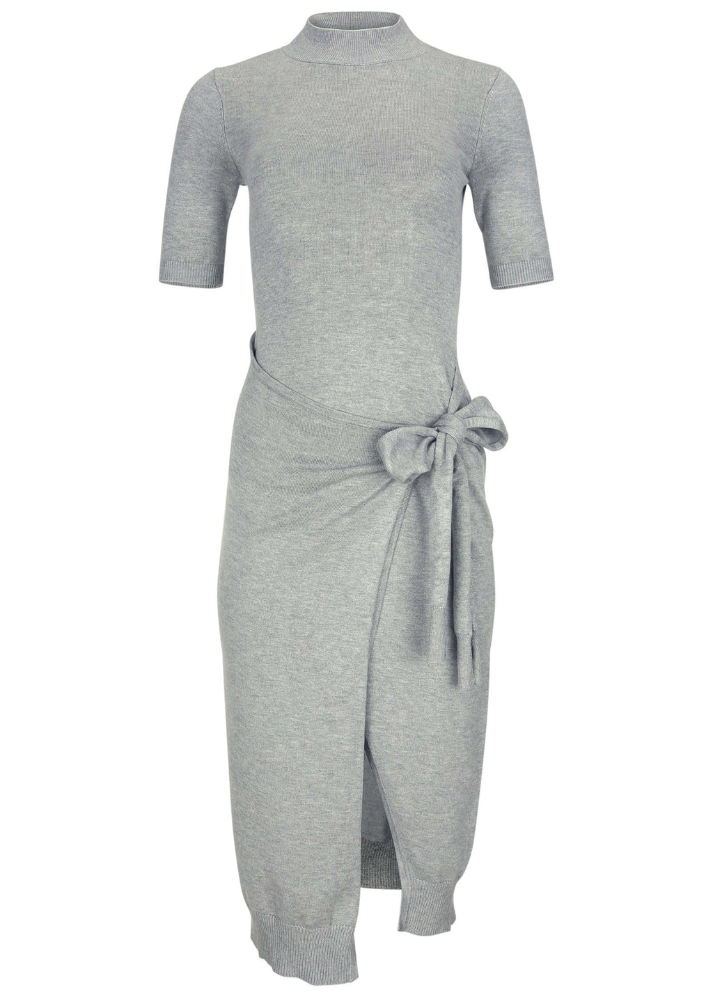Women's gray tie-side sweater midi dress with mock neck