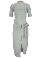 Women's gray tie-side sweater midi dress with mock neck