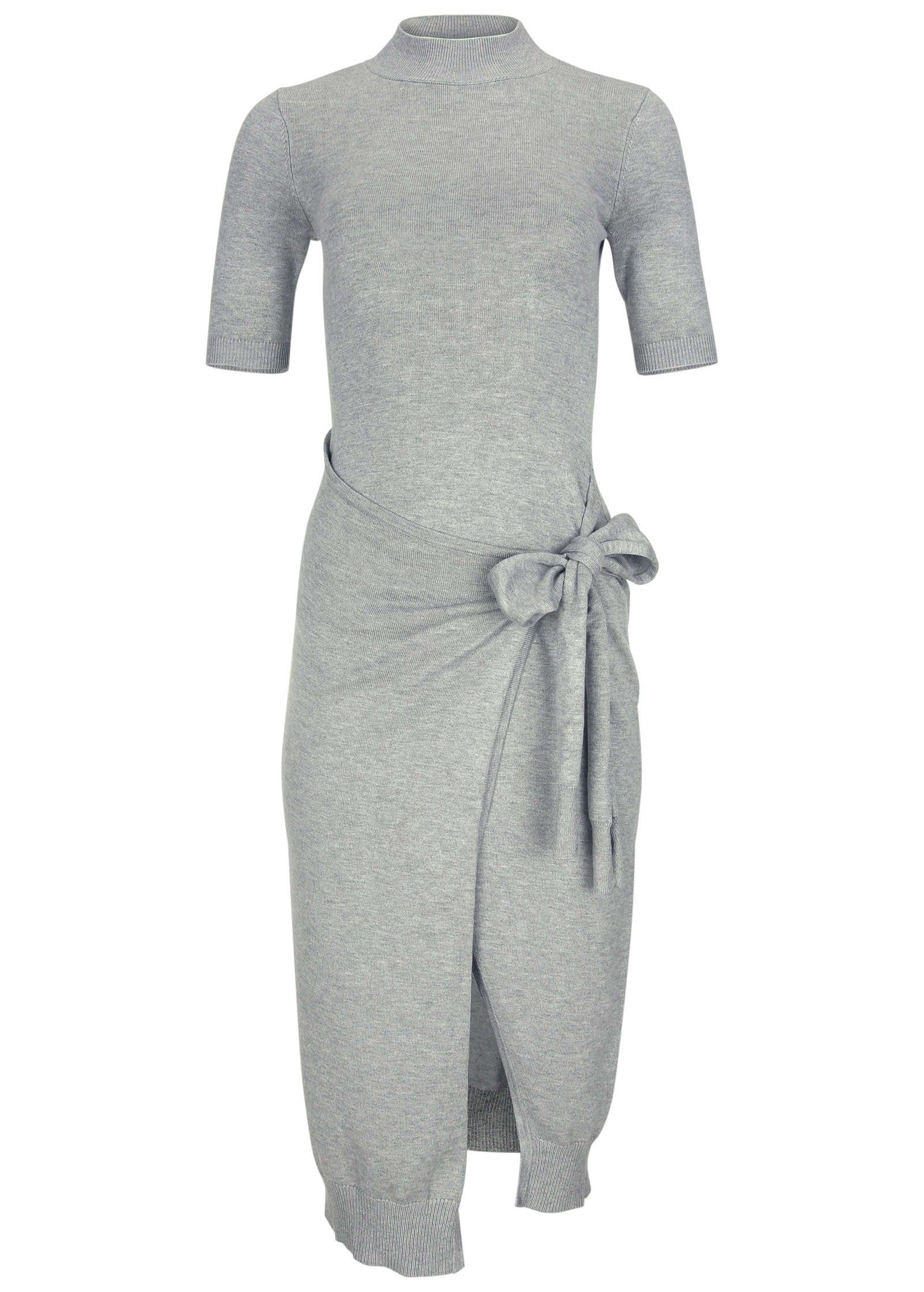 Women's gray tie-side sweater midi dress with mock neck