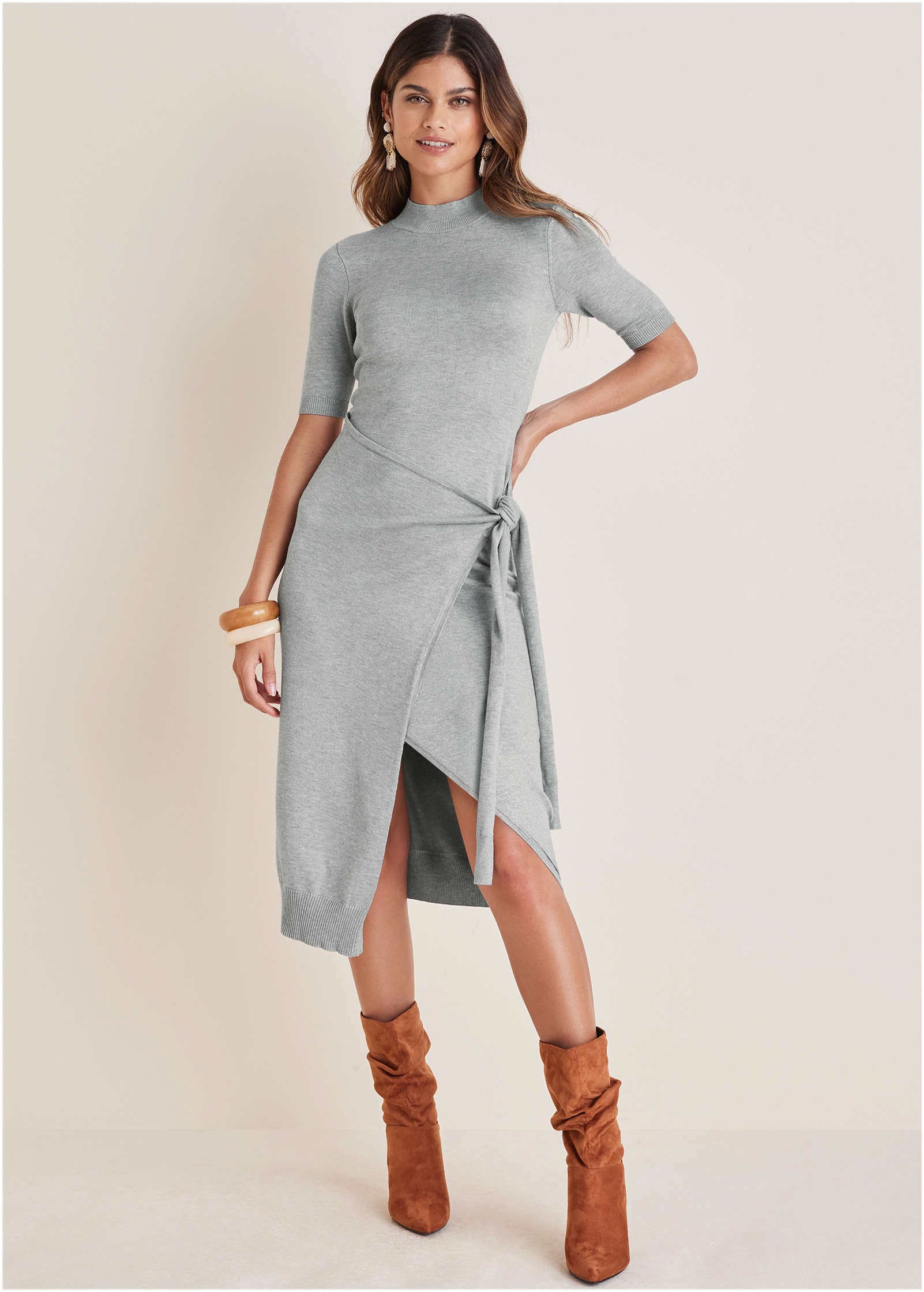 Women's gray tie-side sweater midi dress with mock neck
