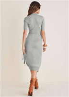 Women's gray tie-side sweater midi dress with mock neck