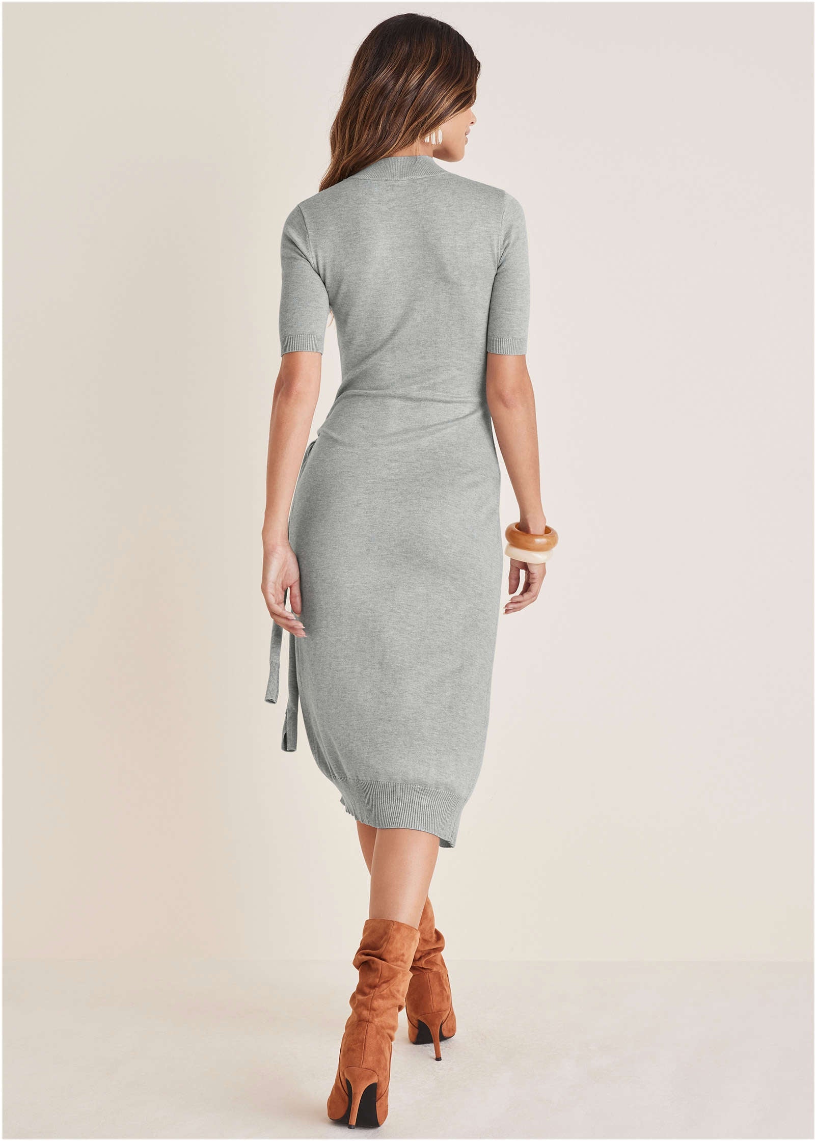 Women's gray tie-side sweater midi dress with mock neck