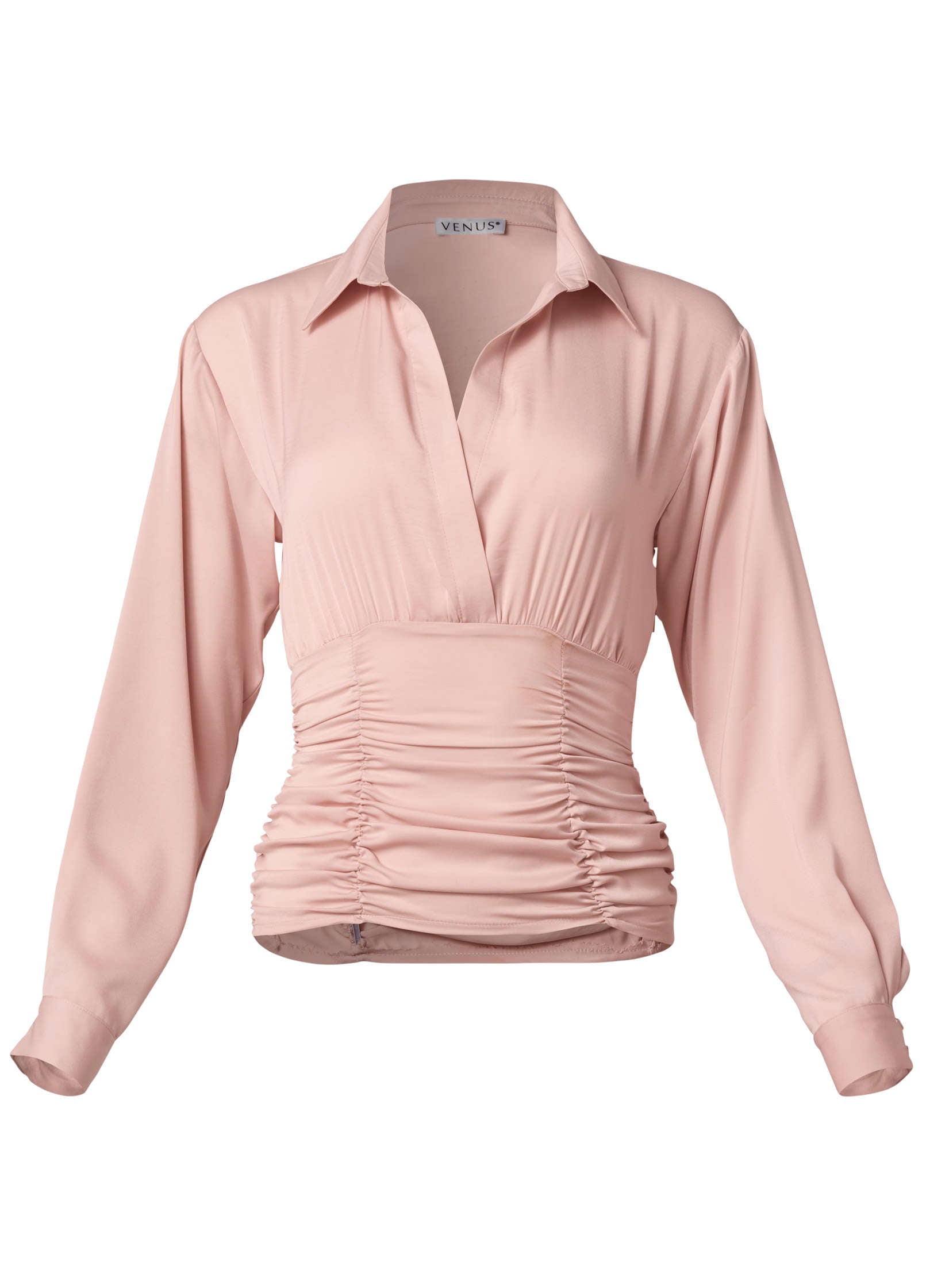 Women's mauve wrap blouse with pointed collar and ruched waist